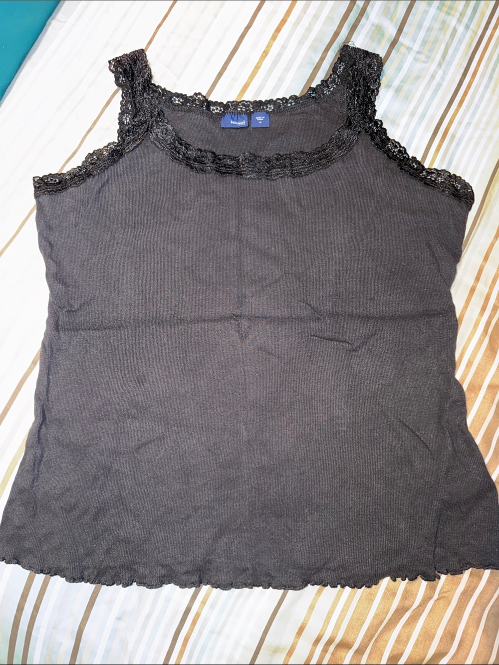 Basic Editions Black Lace-Trim Ribbed Tank Top